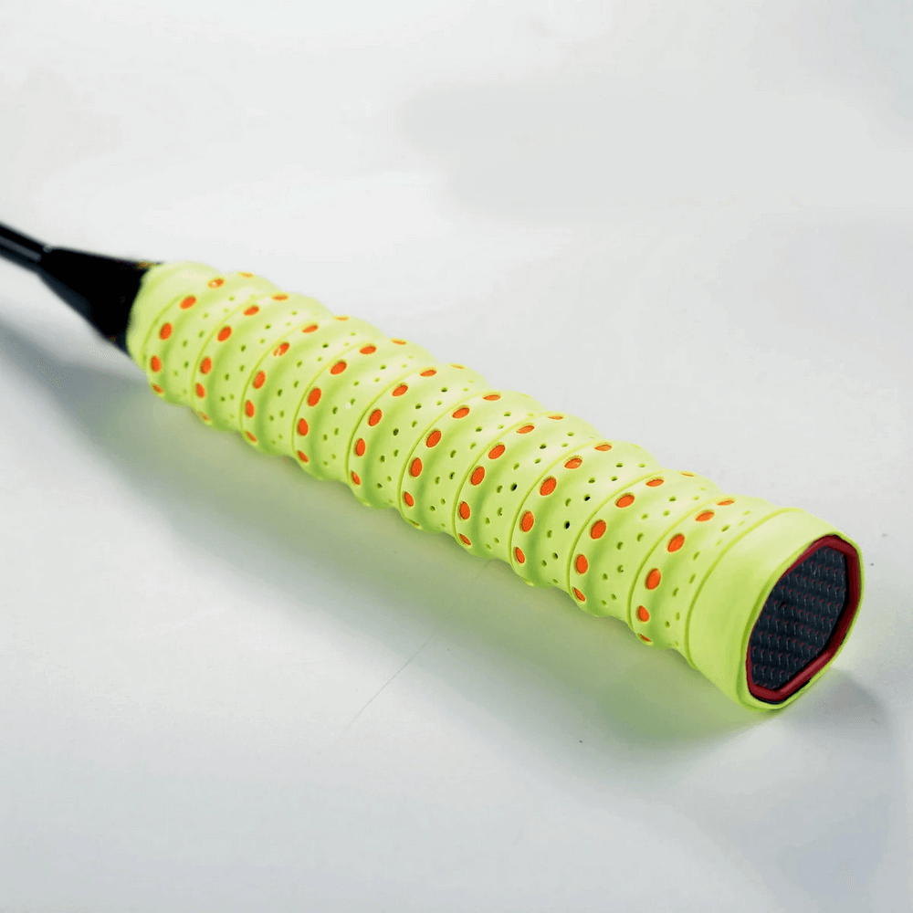 Perforated Anti-Slip Tennis Racket Overgrip Tape - SF3437 with vibrant yellow design for secure grip and sweat absorption.